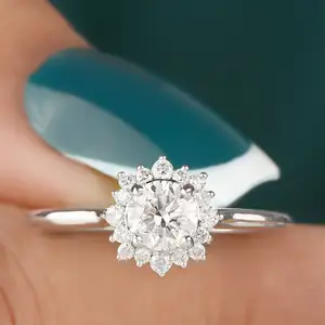 14k白金女性结婚新娘戒指，圆形明亮切割实验室成长钻石妻子周年纪念戒指给她的礼物