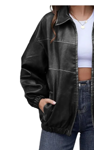 Chaqueta de cuero con patrón sólido de moda para mujer de alta calidad, ropa de invierno transpirable con cuello levantado, suave y elegante - Product Image 2