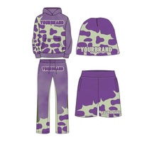 Conjunto Deportivo Personalizado con Estampado Sólido y Transpirable, Sudadera con Capucha, Pantalones Cortos, Gorro, Morado y Verde, Ropa Urbana con Pedrería, Logotipo de tu Marca OEM