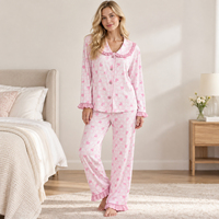 Ensemble de pyjama pour femmes OEKO-TEX respectueux de l'environnement, col à volants, manches longues, vêtements de nuit, boutons, vêtements de détente en gingham, pyjama deux pièces