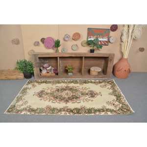 Tapis turc vintage, grande surface de 3.6x6,6 pieds, fait à la main, en laine, vert, beige, patchwork, design rectangulaire, couloir, latex pour décoration de chambre - Product Image 3