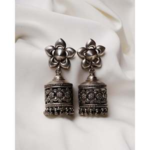 925 Sterling <b>Silver</b> Women's Wedding Drop Earrings 6.5cm Oxidised <b>Jhumka</b> Flower Design - Product Image 1