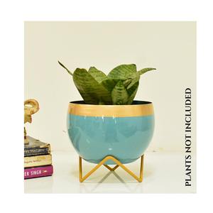 Maceta de metal esmaltado verde en gran oferta con soporte dorado al por mayor y proveedores - Product Image 2