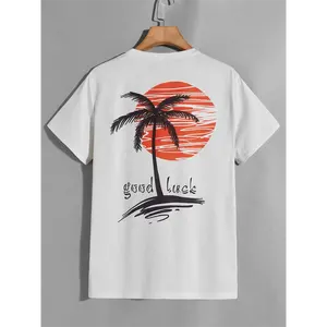 New Men's Palm Tree and Slogan Printed T-shirt Summer 2023 Men's High Quality Customized T-shirt Men's