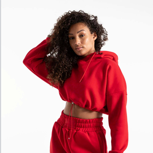 Sweat-shirt court pour femme, bordures côtelées, col montant, manches longues, cordon de serrage, pull à capuche, haut court, imprimé personnalisé sur le devant, 100% - Product Image 2