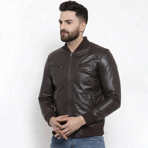 Chaqueta de Cuero Marrón para Hombre, Chaqueta Bomber de Cuero Genuino, Chaqueta de Motociclista, Cuello y Puños de Punto Acanalado, Logotipo Personalizado al por Mayor - Product Image 5