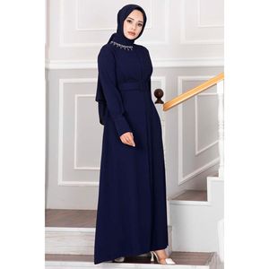 Vestido Hijab plisado azul marino con cuello apedreado - Product Image 3