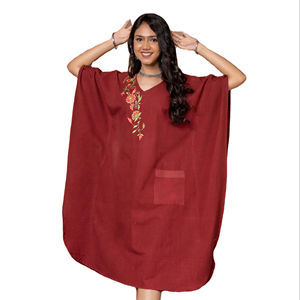 Nouveau femmes décontracté broderie florale caftan robe genou longueur grande taille lavable tissé tissu naturel taille modèle de commande - Product Image 1