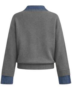 Manufacturer Women Grey Knit <b>Sweater</b> With Denim Collar <b>Long</b> Sleeve Pullover Casual Winter Top Soft Acrylic Blend Fashion Jumper - Product Image 5