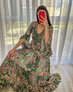 เดรสยาวแขนพองคอวีพิมพ์ลายดอกไม้สำหรับผู้หญิงเสื้อผ้าบูติกแฟชั่น2025 - Product Image 4