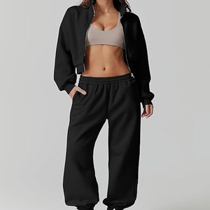 ชุดเซ็ตแทรคสูทสองชิ้นผ้าฟลีซถักแบบลำลองสไตล์วินเทจสำหรับผู้หญิง เสื้อครอปสั้นแบบมีซิป ฮู้ดดี้ สตรีทแวร์ ปี 2026 - Product Image 4