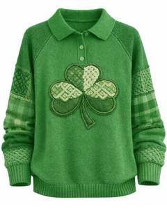 Suéter de Punto con Cuello Polo y Bordado de Trébol para Mujer, Verde, Manga Larga, Suave, Informal, para Invierno, Venta al por Mayor, Ropa de Moda - Product Image 1