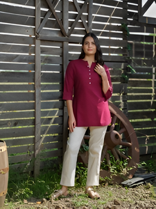 เสื้อเคอตต้อนแฟชั่นสตรีแบบลำลองสีไวน์สไตล์พื้นเมืองฤดูร้อน - Product Image 3