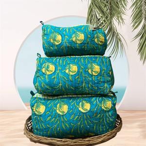 Green Yellow Cotton Cosmetic <b>Travel</b> Case for Bag <b>Set</b> Block Print Durable Water Resistant Eco-Friendly Vintage Style Small - Product Image 1