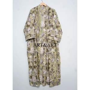 Indian Hand Block Printed Cotton Luxury <b>Women's</b> Bathrobe Kimono <b>Robe</b> Summer Wear Bridal Night Wear Front Logo Quick <b>Dry</b> - Product Image 1
