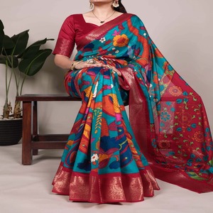 Exclusif Dernière Tendance Nouvelle Arrivée Haute Qualité Festival Designer Wear Tussar Soie Imprimé Avec Zari Tissage Travail Saree - Product Image 1