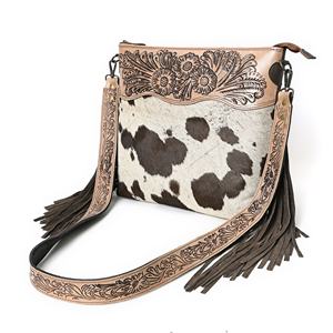 Bolso Bandolera de Cuero con Pelo de Vaca Rosa, Estilo Vaquero Occidental con Flecos - Product Image 2