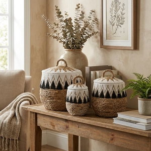 Juego de Cestas de Almacenamiento Ecológicas de Macramé con Corteza de Plátano Natural, con Asas, Diseño Tribal Moderno con Diamantes, Decoración Multiusos para el Hogar - Product Image 6
