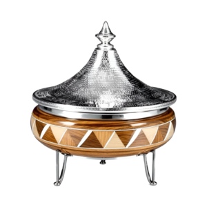 Designer Casserole with Lid Crowned Metal Stainless <b>Steel</b> Dishes & Geometric Wood Base Ideal for Sophisticated Cooking & Serving - Product Image 1