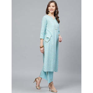 ชุดเสื้อและกางเกงผ้าฝ้ายสีฟ้าน้ำแข็งของผู้หญิงชุด kurta & Palazzo สีทองพิมพ์ลายสีทองตรงและด้านล่าง - Product Image 1