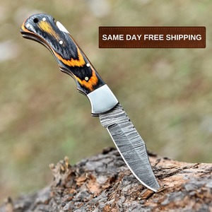 มีดพับเหล็กดามัสกัสแบบทำมือด้ามไม้หนังมีดตั้งแคมป์กลางแจ้งสวยงาม OEM รองรับ - Product Image 6