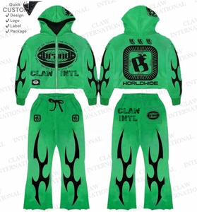 Trajes de sudor personalizados con lavado ácido, conjuntos de chándales completos acampanados bordados con apliques de cremallera gruesa de algodón y pantalones de chándal para hombres - Product Image 1