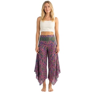 Comfortable High Waist Flat Front Bohemian 100% <b>Silk</b> Loose Fit Casual <b>Pants</b> Women Elastic Waist Full Length Women's <b>Pants</b> - Product Image 1