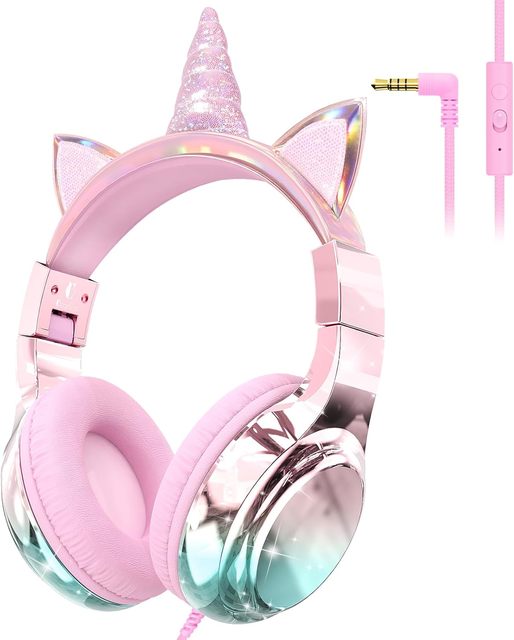 QearFun Kids Unicorn Over-Ear Headphones Built-In Mic Active Noise Cancellation 85/94dB Safe Volume Limit Sparkly Foldable