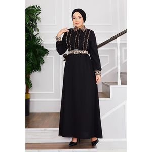 Robe Hijab noire à col chemise à motif léopard Style décontracté - Product Image 2