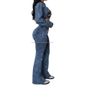 Nuevo conjunto de mezclilla de dos piezas para mujer, top corto sexy con cremallera y jeans acampanados con hebilla cruzada, conjunto de ropa urbana de 2 piezas - Product Image 5