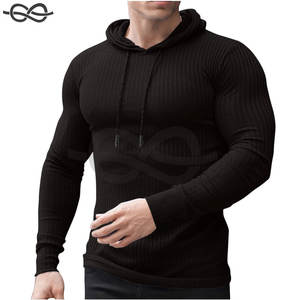 Sudaderas con capucha musculares para hombre, camisa de gimnasio acanalada ligera de manga larga elástica, Sudadera con capucha ajustada, entrenamiento físico - Product Image 4
