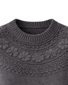 Customized Charcoal Grey Jacquard Knit Sweater Floral Textured Crew Neck Long Sleeve Winter Pullover For Women Custom Wholesale - Product Image 4