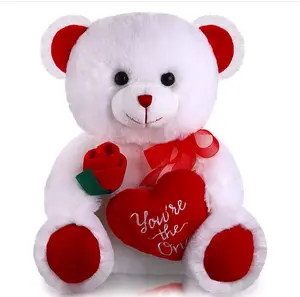 10 Inch Cute Soft Pink White Teddy Bear Plush Toy Plush Animals Holding Red Heart for Mother's Day Valentine's Day