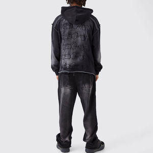 Chándal desgastado personalizado con cremallera lavada con ácido, Sudadera con capucha de algodón polar de 500 GSM y pantalones de chándal acampanados, chándal para hombre - Product Image 2