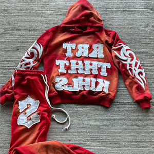 ชุดเซ็ตเสื้อฮู้ดดี้และกางเกงวอร์มทรงขาบานสไตล์วินเทจ คุณภาพสูง ตัดเย็บพิเศษ สำหรับฤดูหนาว ผ้าหนานุ่ม ซักแบบ Stone Washed แต่งลายปะติด ดีไซน์หลวมโอเวอร์ไซส์ - Product Image 5