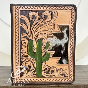 Wholesale Tooled Leather File Folder Executive Folder 3 Ring Binders for Documents High Quality Cowhide Leather Zipper <b>Portfolio</b> - Product Image 1