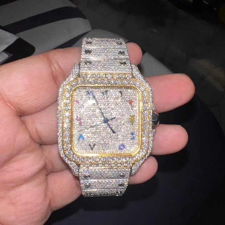Luxury Men Iced out Watch with Moissanite Brilliant Diamond Rectangle Steel Case Swiss Movement Stainless Steel Band Box Packing