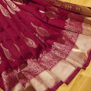 Chất Lượng Cao Nặng Jacquard Lụa Maroon Colour Sarees Với Vàng Lớn Jacquard Dệt Biên Giới Ấn Độ & Pakistan Quần Áo - Product Image 6