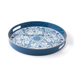 Plateau de service en aluminium argenté de grande taille avec travail en émail Décoration de table de forme ronde Vaisselle Plateaux alimentaires - Product Image 4