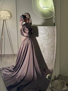 Robe de soirée sirène élégante avec strass, manches lanternes, respirante, soutien-gorge intégré, traîne longue, longueur ras du sol - Product Image 2