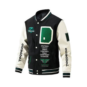 Chaqueta de bombardero universitaria con mangas personalizadas, parche bordado estampado, moto de lana de piel de oveja para hombres y mujeres - Product Image 4