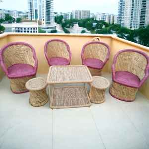 Ensemble de chaises vintage en rotin et bambou avec 2 poufs et table basse Ensemble de restaurant Ensemble de chaises canapé d'extérieur pour jardin, bureau, salon - Product Image 4