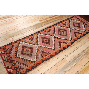 พรมคิลิมวินเทจขนาด 3x10.5 ฟุต ลายตารางสีส้ม พรมขนสัตว์ตุรกี - Product Image 2