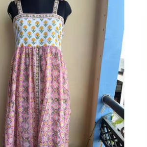 Poche en coton indien imprimé bloc rose jaune bretelles réglables col carré longueur plancher col carré poche en coton indien - Product Image 1