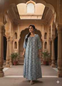 Robe longue à manches longues à imprimé floral bleu clair, en coton, style bohème, robe de détente, robe décontractée d'été pour femmes, style confortable - Product Image 5