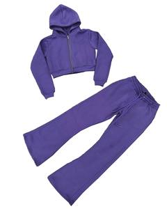 2025 Wholesale Logo Embroidery <b>Cropped</b> <b>Zip</b> <b>up</b> Hoodie and Jogger Sweatpants Set Sweat Suit Flare Sweatsuit Tracksuit for Women - Product Image 4
