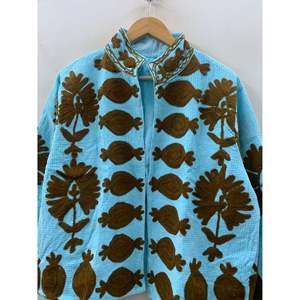 Aqua Suzani Amber Edition Hand-Embroidered Waffle Cotton <b>Jacket</b> Breathable <b>Corduroy</b> Varsity Style Custom XL for Summer Autumn - Product Image 4