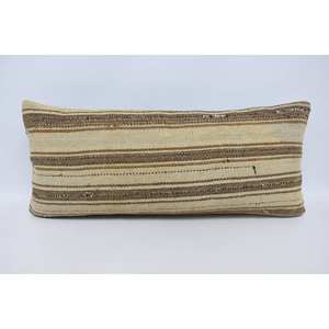 Oreiller en laine à rayures vintage beige 16x36 pouces Oreiller d'accent rectangulaire rustique Technique tissée - Product Image 1