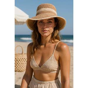 Camel Hand-Knitted Straw Beach <b>Hat</b> - Wide Brim Summer Sun Protection <b>Hat</b> with Color Detail HSR2099 - camel2099 - Product Image 2