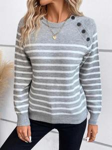 Suéter de Punto a Rayas para Mujer, Diseño Nuevo, Jersey con Botones en los Hombros - Product Image 6
